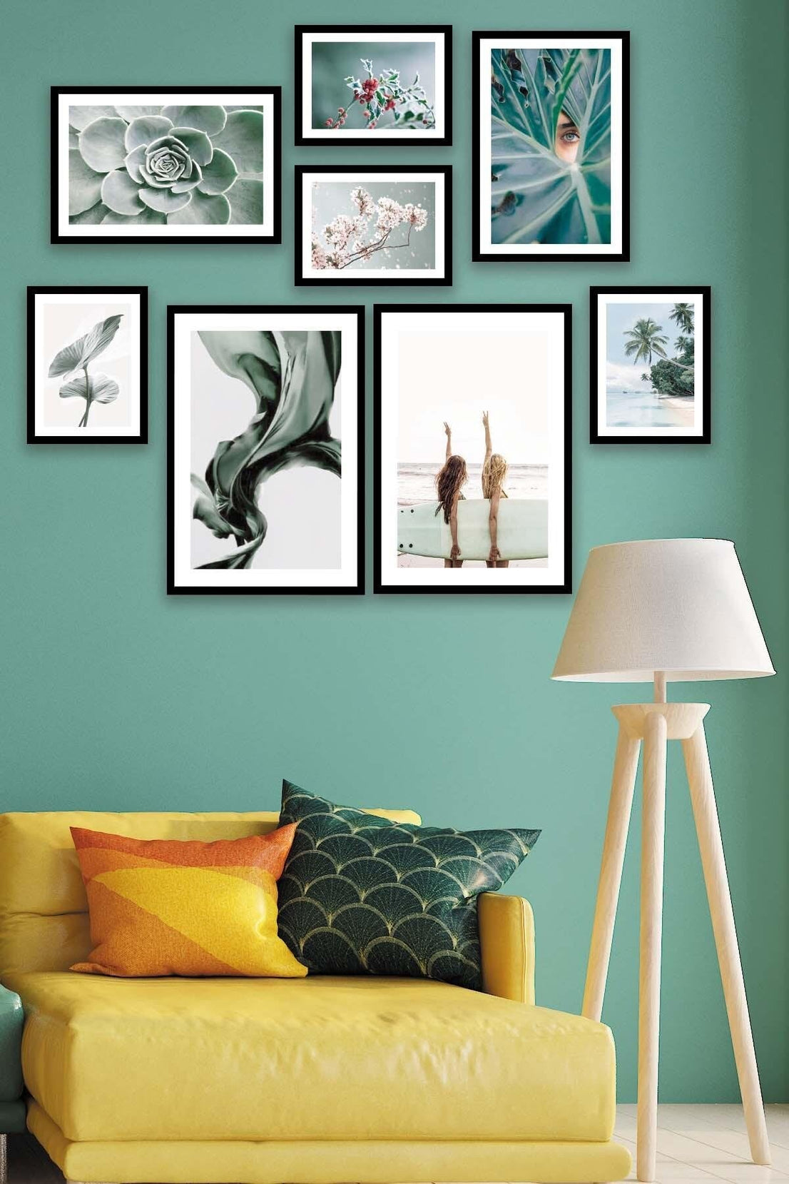 Yeşil Çiçek İle Manzaranın Ahengi Temalı Tablo Seti (Siyah Çerçeve Görünümlü)