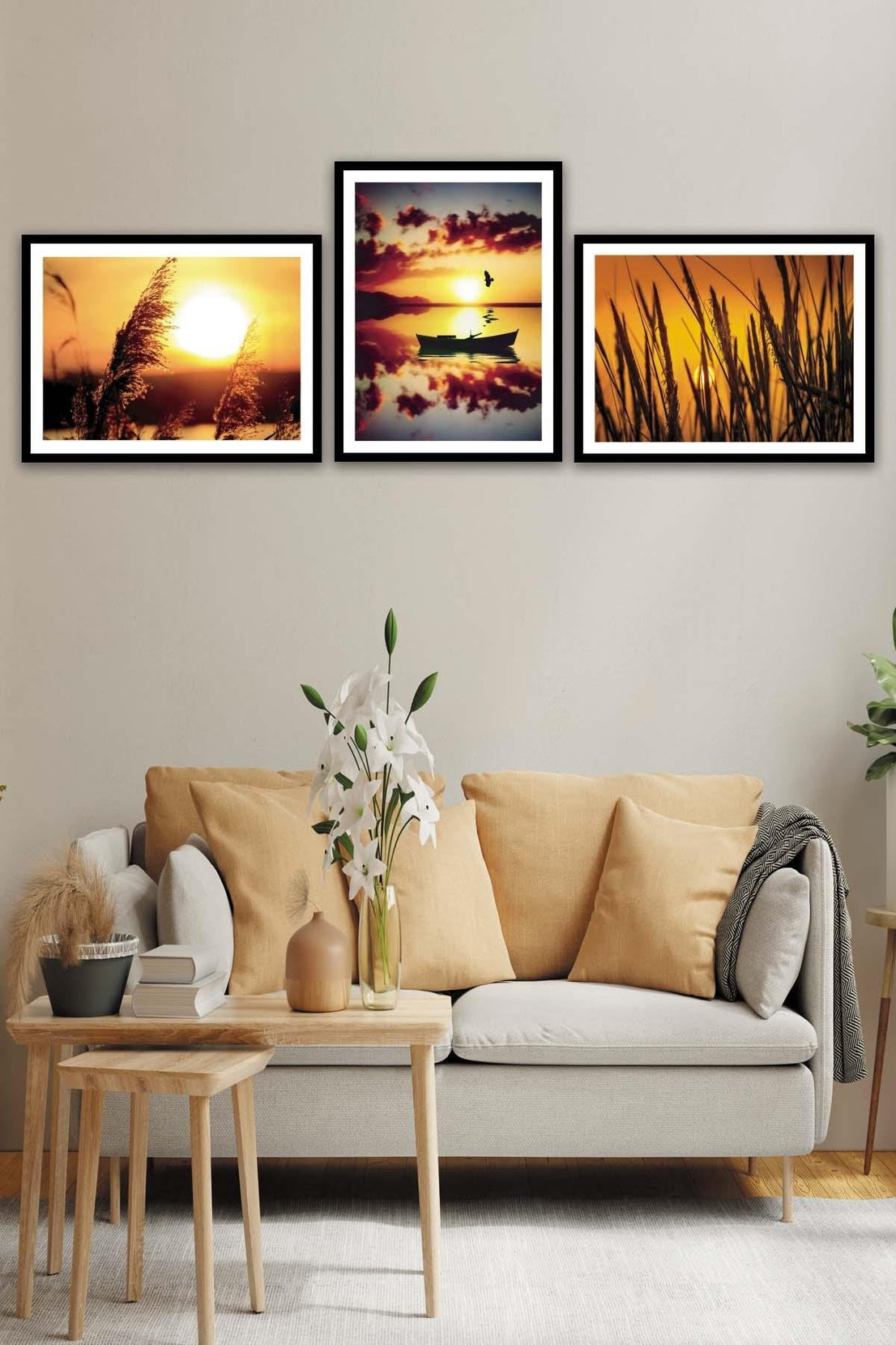 Günbatımı Temalı Siyah Çerçeve Görünümlü Tablo Seti