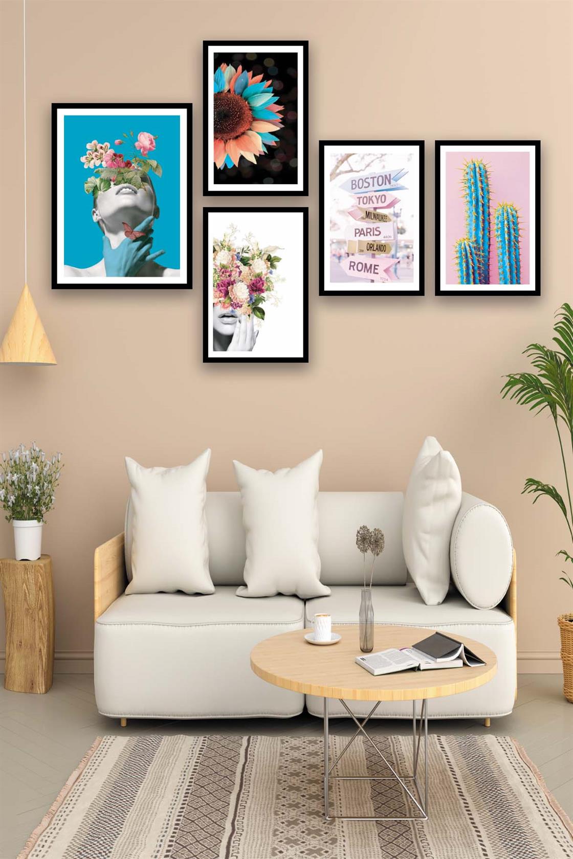 Sanatsal Çiçek Kadın Ve Kaktüs Temalı Tablo Seti