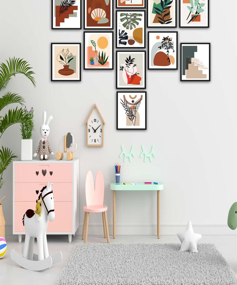 12 Parça Bohem Tarzında Siyah Çerçeve Görünümlü Uv Baskı Mdf Tablo Seti