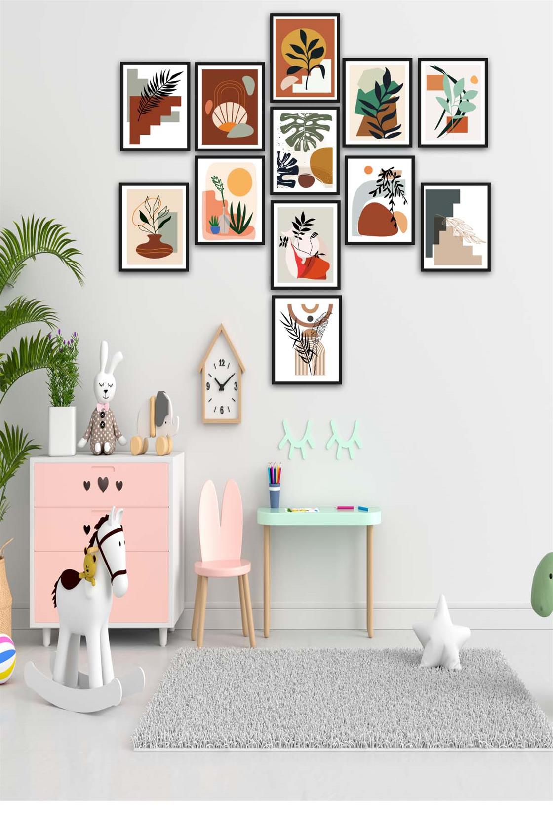 12 Parça Bohem Tarzında Siyah Çerçeve Görünümlü Uv Baskı Mdf Tablo Seti