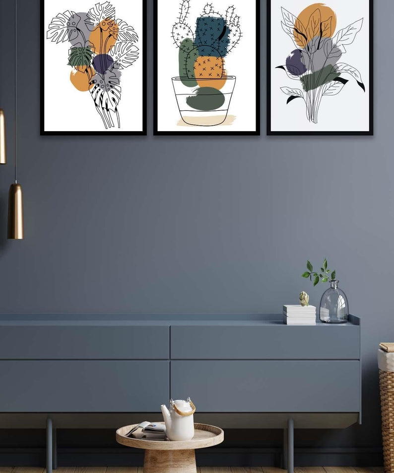 3 Parça Modern Tarzda Kaktüs Tablo Seti