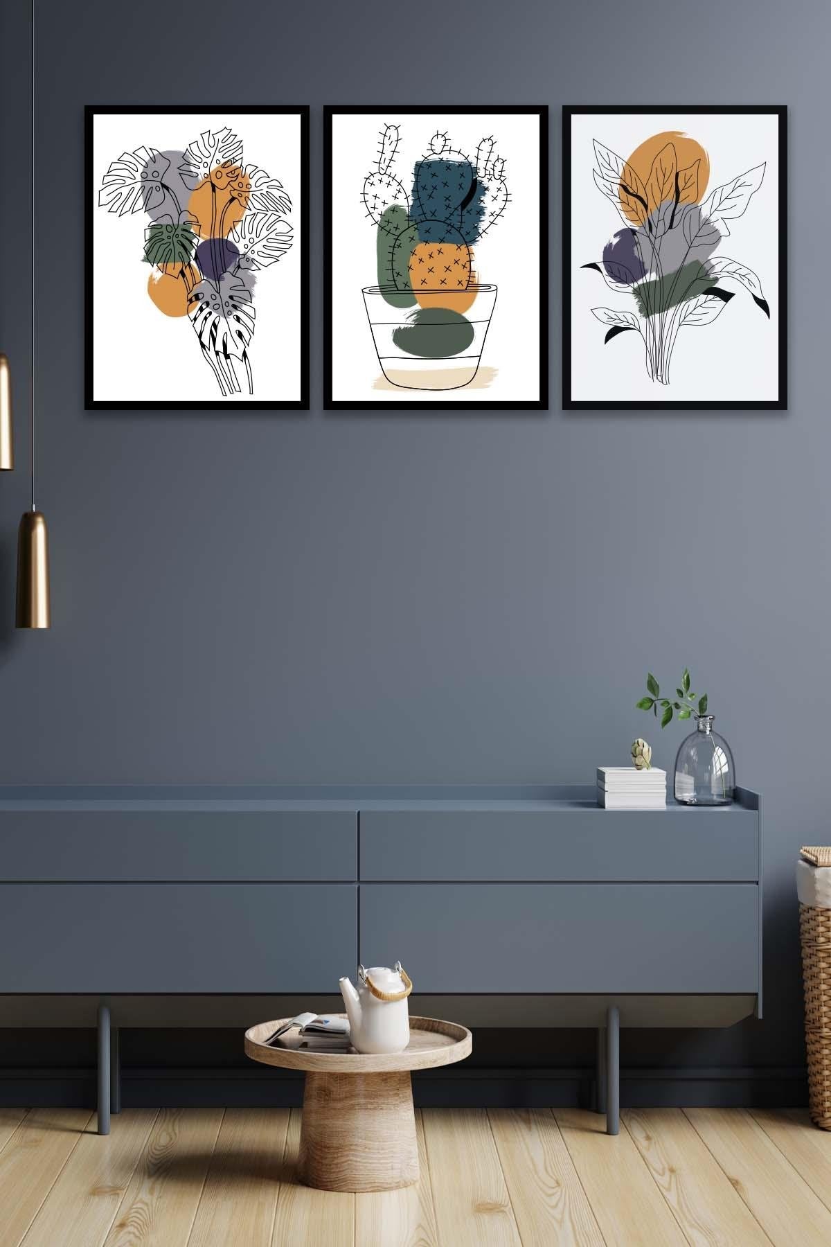 3 Parça Modern Tarzda Kaktüs Tablo Seti