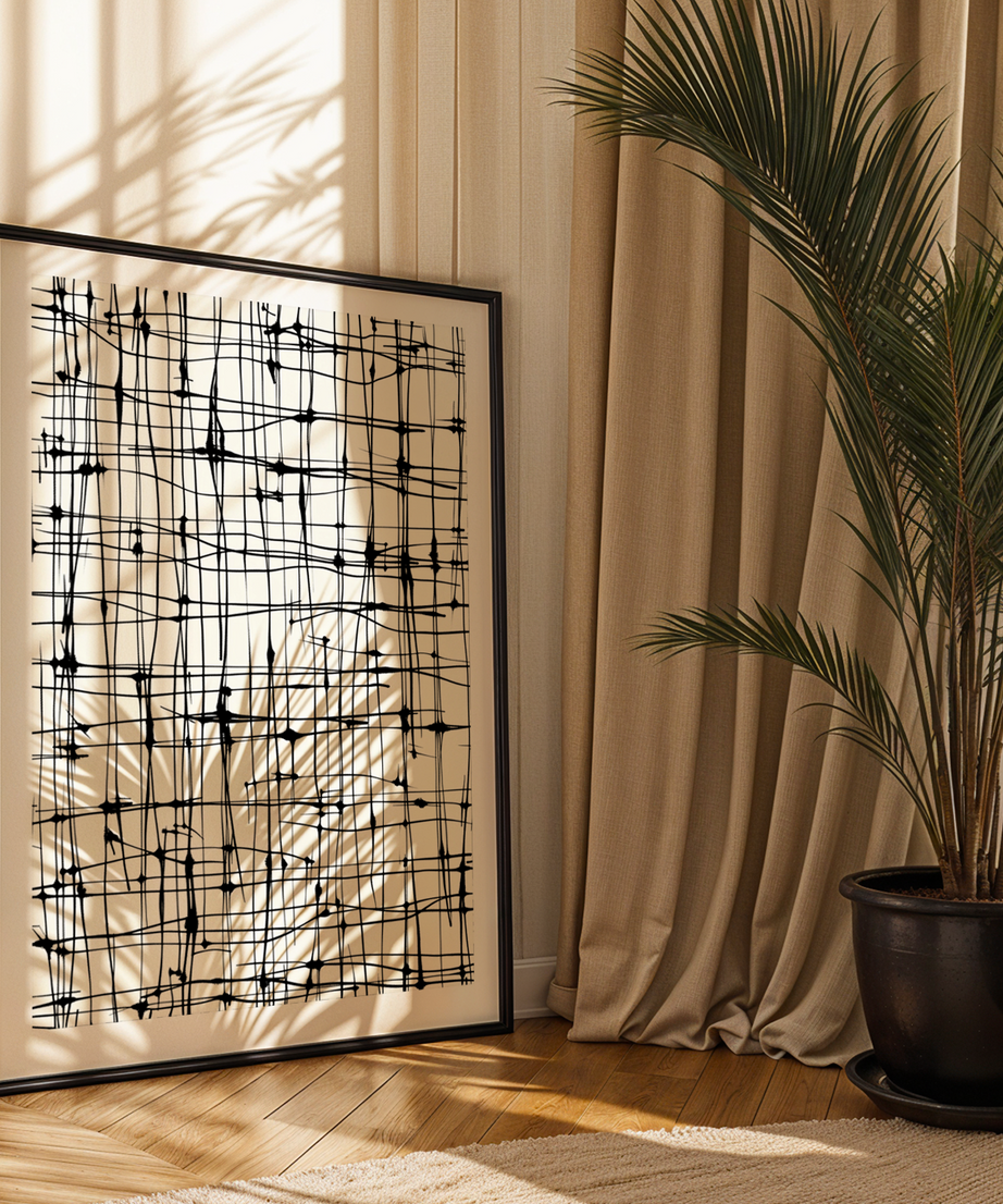 Abstract Grid Tek Parça Siyah Çerçeveli Ahşap Tablo