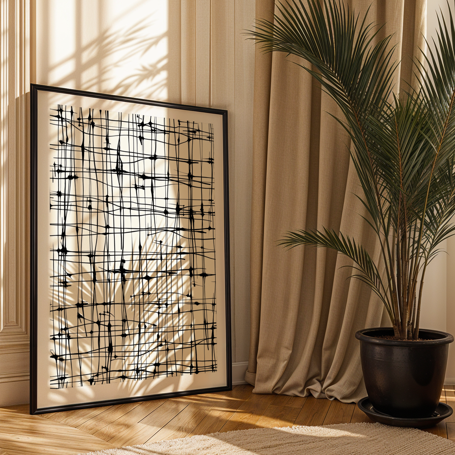 Abstract Grid Tek Parça Siyah Çerçeveli Ahşap Tablo