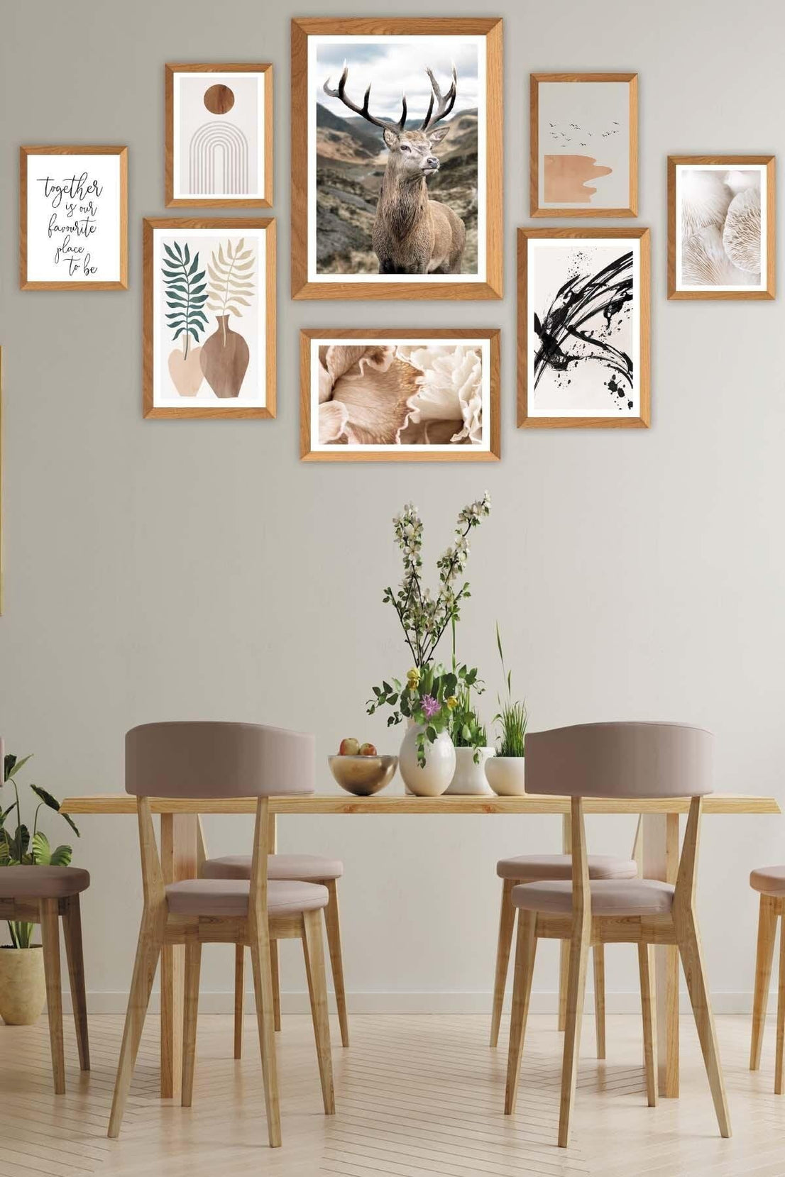 Sanatsal Bohem Yazı Ve Geyik Temalı Tablo Seti