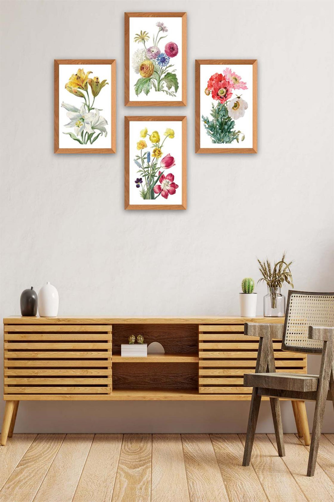 4 Parça Suluboya Tarzında Çiçek Desenli Ahşap Çerçeve Görünümlü Uv Baskı Mdf Tablo Seti