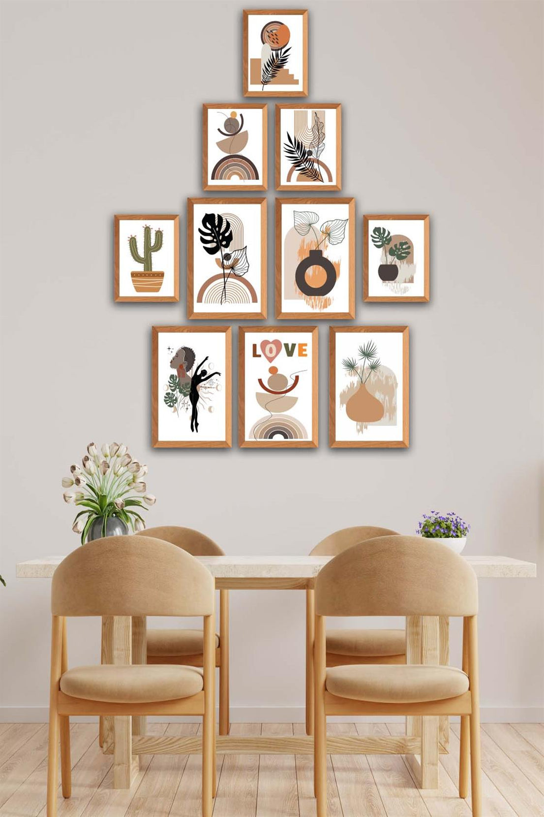 10 Parça Botanic Ve Bohem Tarzda Sanatsal Ahşap Çerçeve Görünümlü Uv Baskı Mdf Tablo Seti