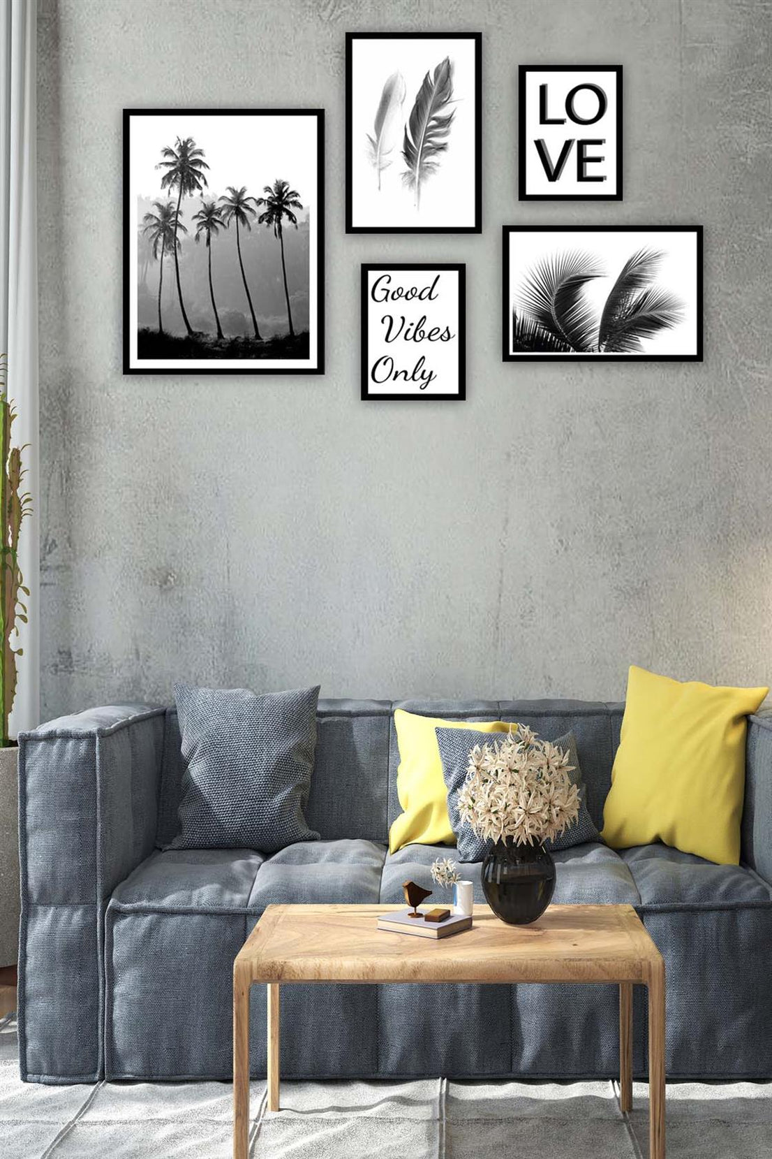 5 Parça Siyah Beyaz Yaprak Siyah Çerçeve Görünümlü Tablo Seti