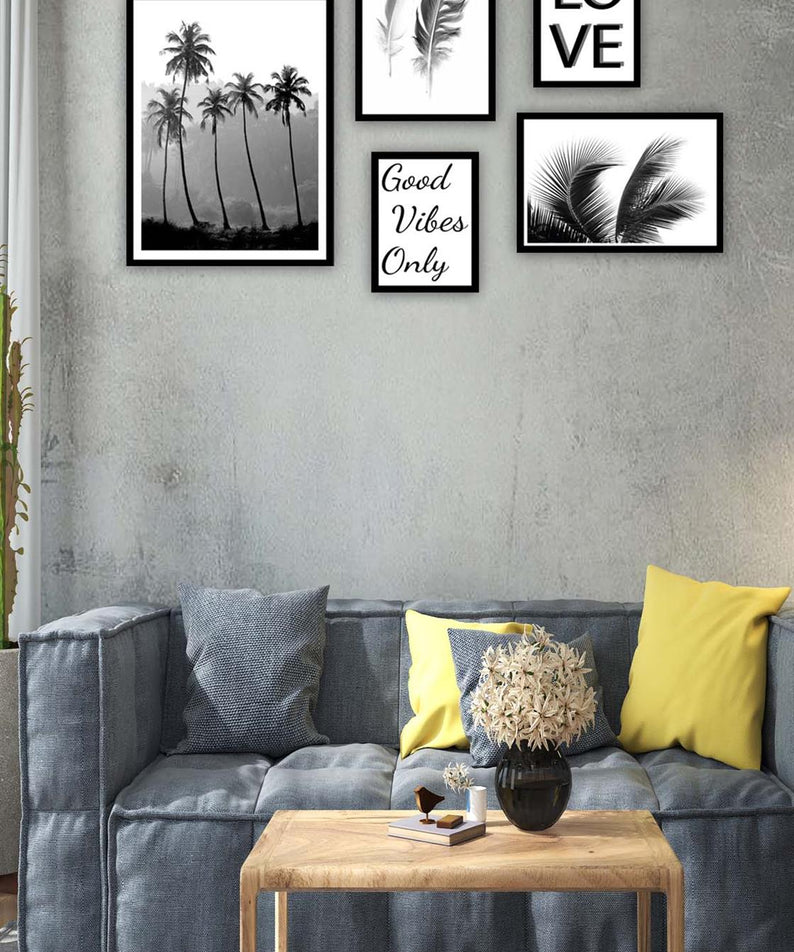 5 Parça Siyah Beyaz Yaprak Siyah Çerçeve Görünümlü Tablo Seti