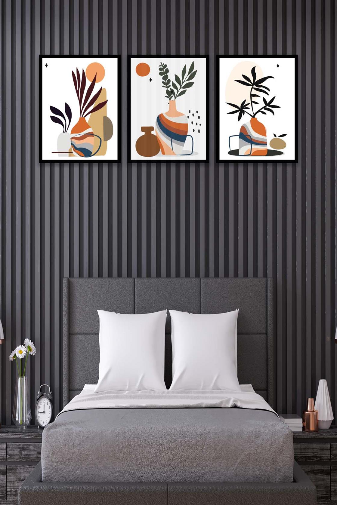 3 Parça Modern Sanatsal Tarzda (Siyah çerçeve görünümlü) Uv Baskı Mdf Tablo Seti