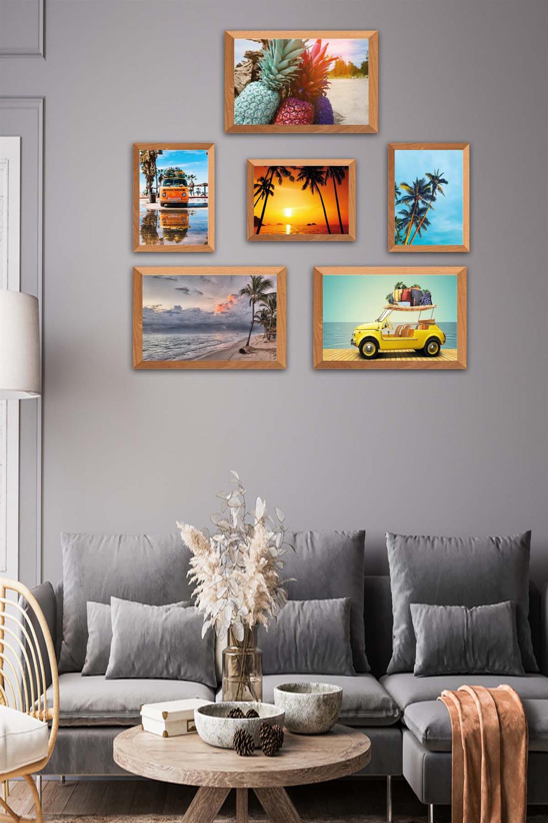 6 Parça Yaz Manzara Tarzında Ahşap Çerçeve Görünümlü Uv Baskı Mdf Tablo Seti