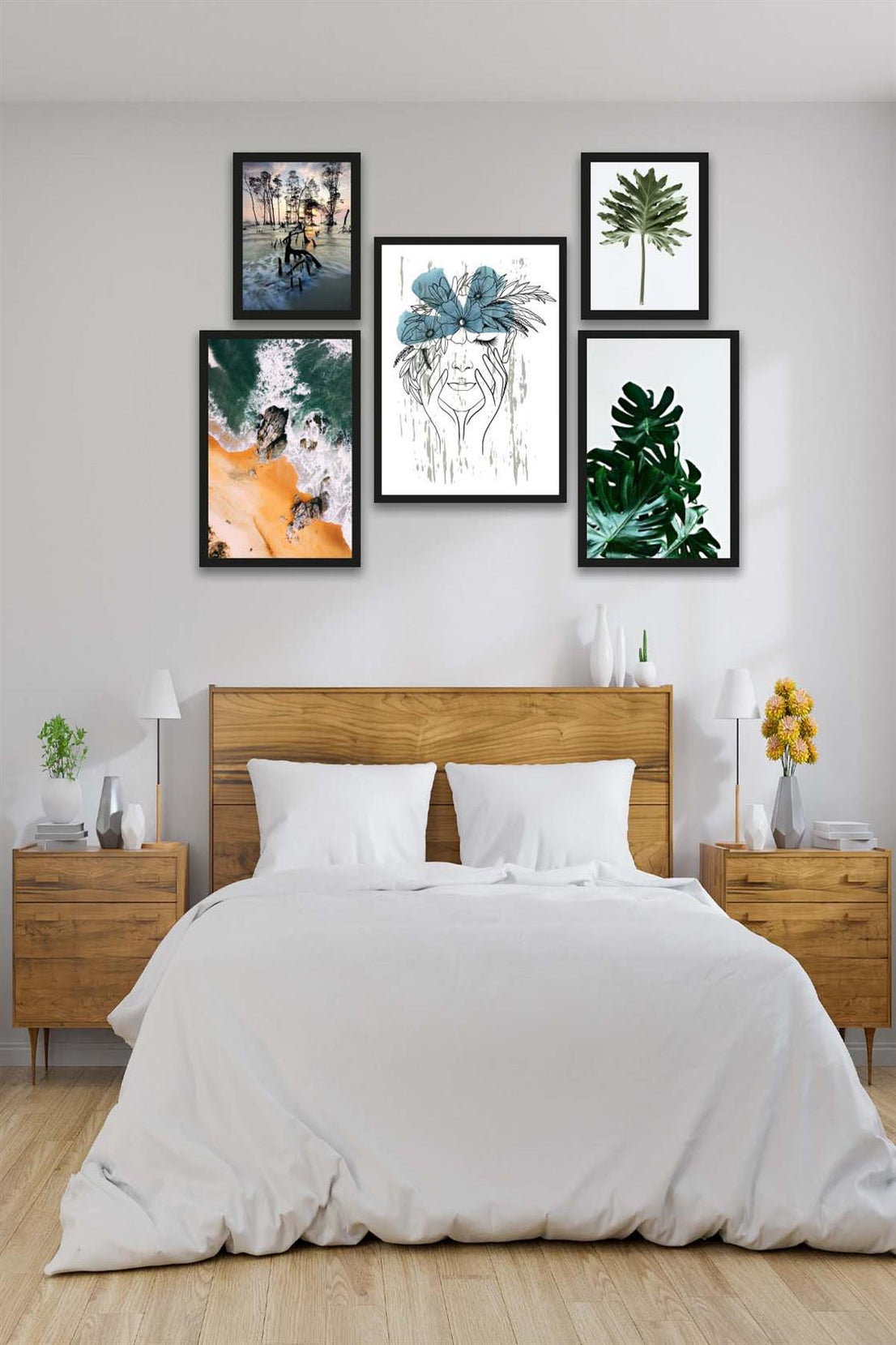 5 Parça Modern Sanat Tarzında Tasarım (Siyah çerçeve görünümlü) Uv Baskı Mdf Tablo Seti