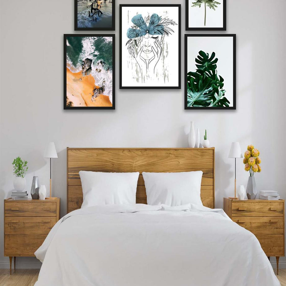 5 Parça Modern Sanat Tarzında Tasarım (Siyah çerçeve görünümlü) Uv Baskı Mdf Tablo Seti