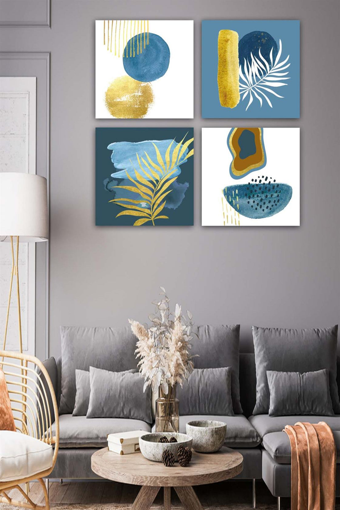 4 Parça Suluboya Botanik Tarzda Uv Baskı Tablo Seti