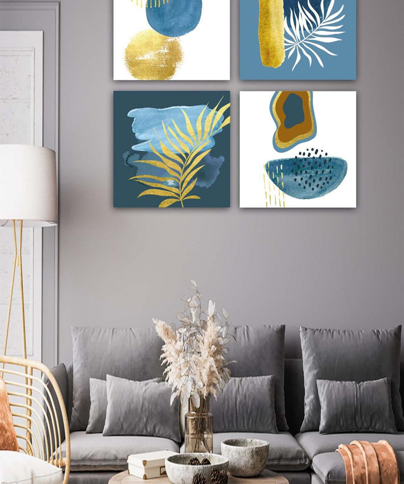 4 Parça Suluboya Botanik Tarzda Uv Baskı Tablo Seti