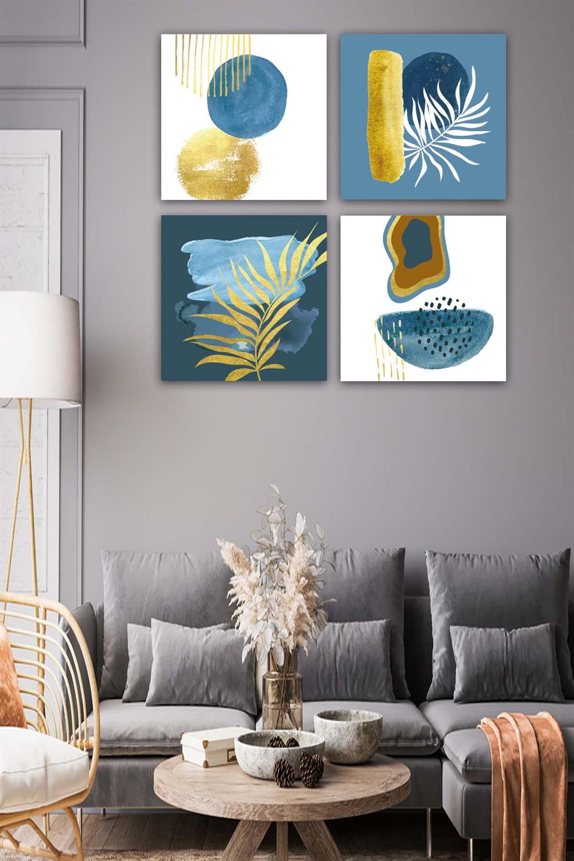 4 Parça Suluboya Botanik Tarzda Uv Baskı Tablo Seti