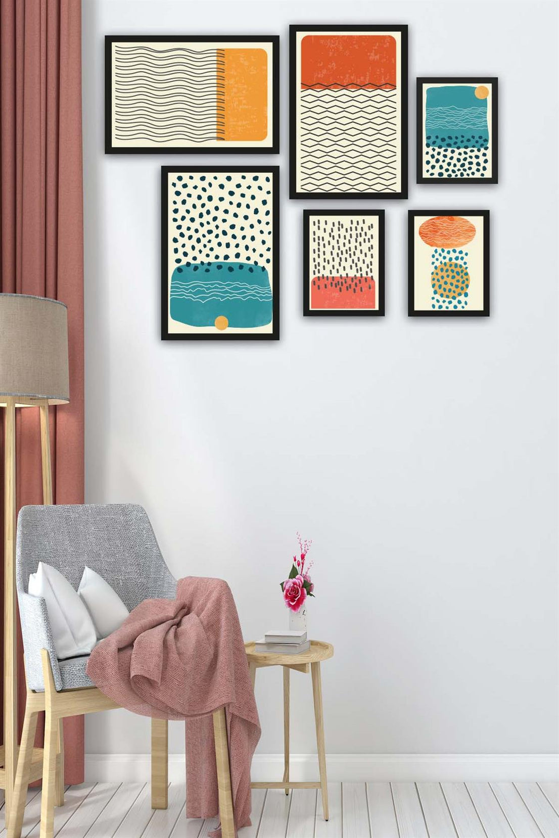 6 Parça Çizim Bohem Tarzda (Siyah Çerçeve Görünümlü) Uv Baskı Tablo Seti