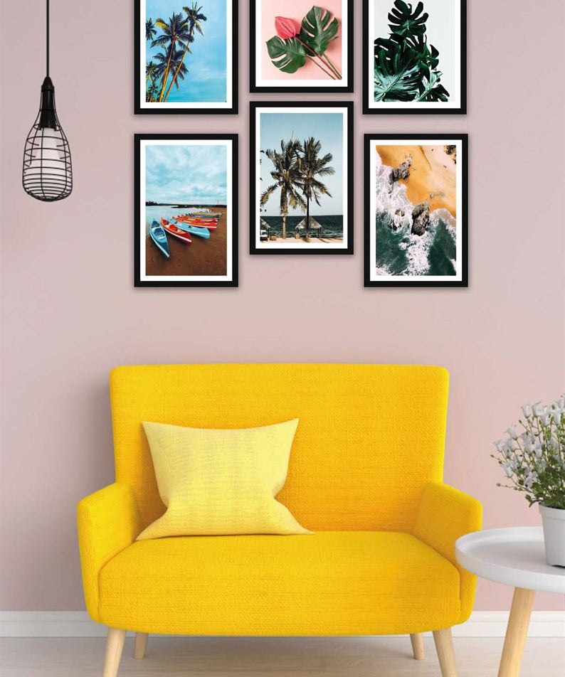 6 Parça Modern Tarzda Manzara Fotoğraflı Siyah Çerçeve Görünümlü Dijital Baskı Tablo Seti