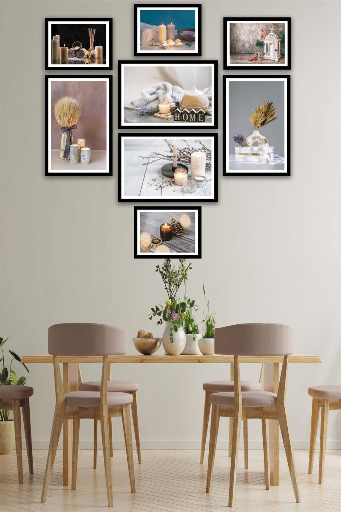 8 Parça Mum Ve Kozalak Tarzında Siyah Çerçeve Görünümlü Mdf Tablo Seti