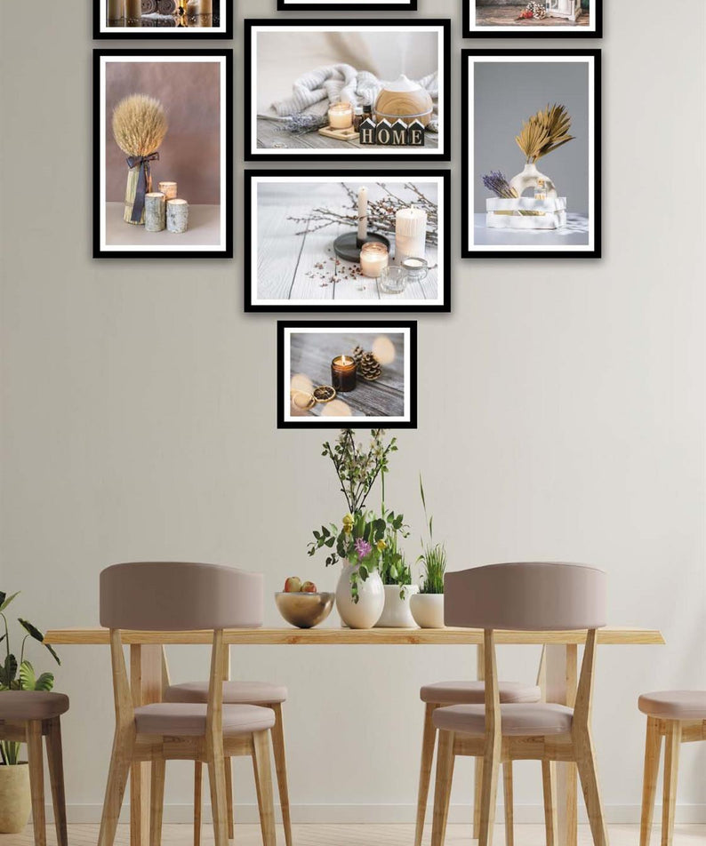 8 Parça Mum Ve Kozalak Tarzında Siyah Çerçeve Görünümlü Mdf Tablo Seti