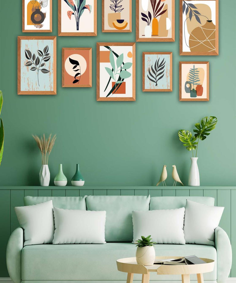 10 Parça Bohem Tarzında Sanatsal (Ahşap çerçeve görünümlü) Uv Baskı Mdf Tablo Seti