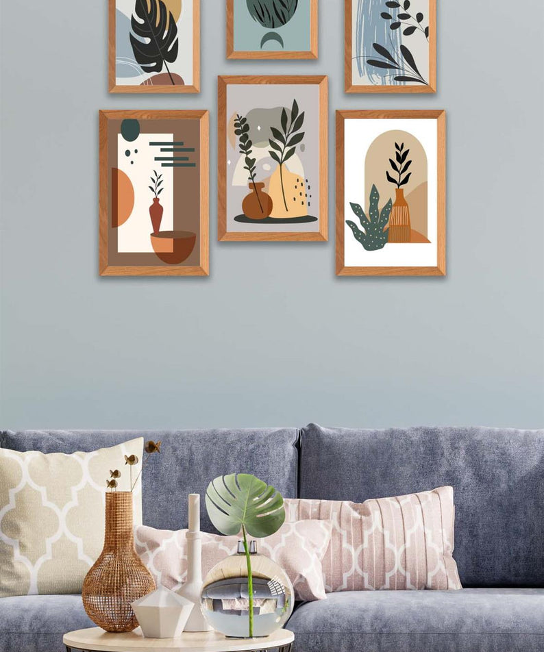 6 Parça Bohem Sanatsal Tarzında (Ahşap çerçeve görünümlü) Uv Baskı Mdf Tablo Seti