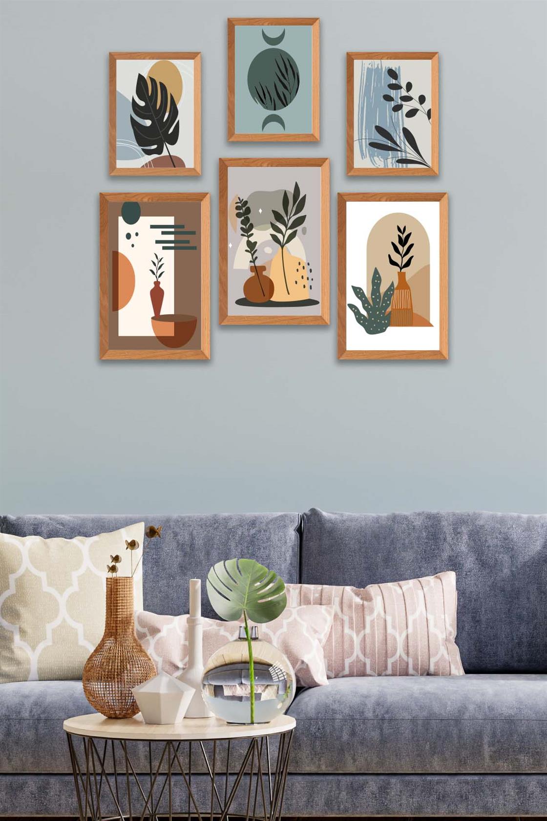 6 Parça Bohem Sanatsal Tarzında (Ahşap çerçeve görünümlü) Uv Baskı Mdf Tablo Seti