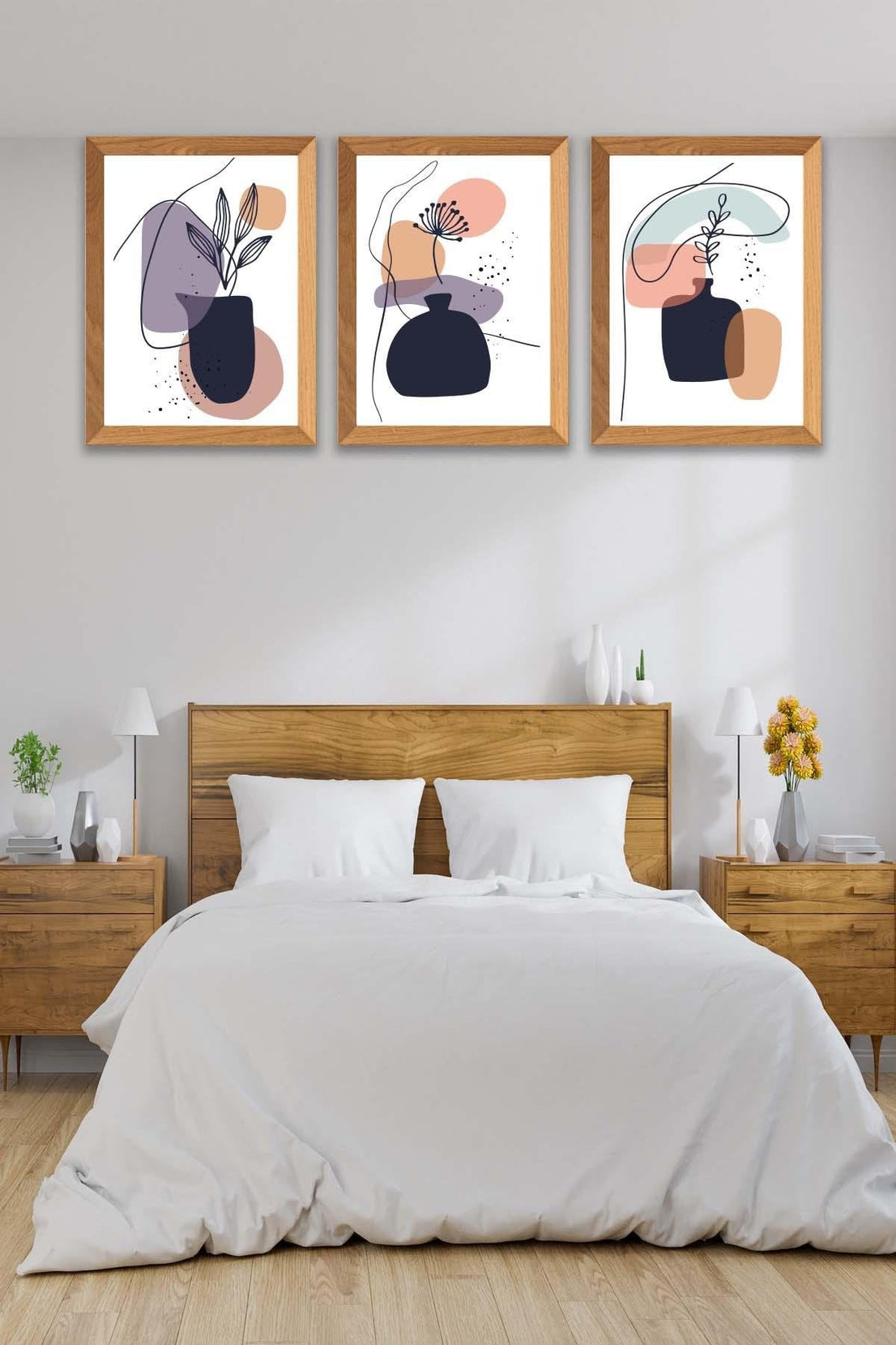 Vazo Temalı Ahşap Çerçeve Görünümlü Tablo Seti