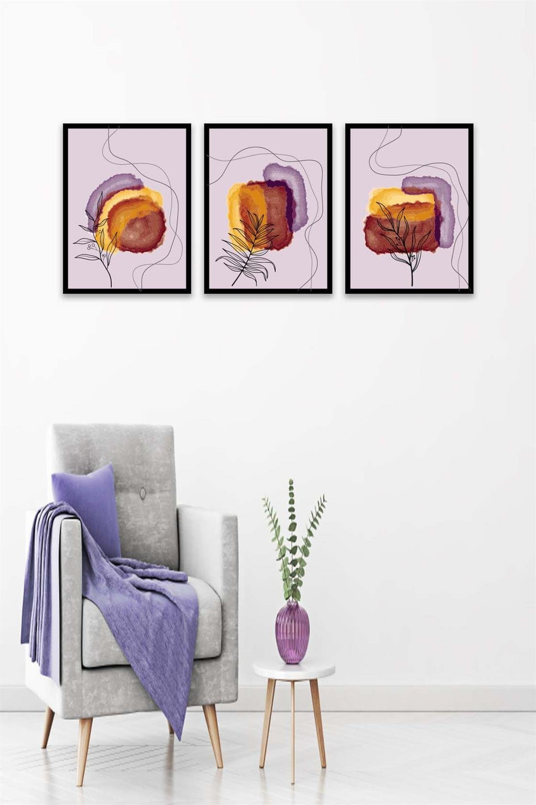 3 Parça Bohem Ve Suluboya Tarzda (Siyah Çerçeve Görünümlü) Uv Baskı Mdf Tablo Seti