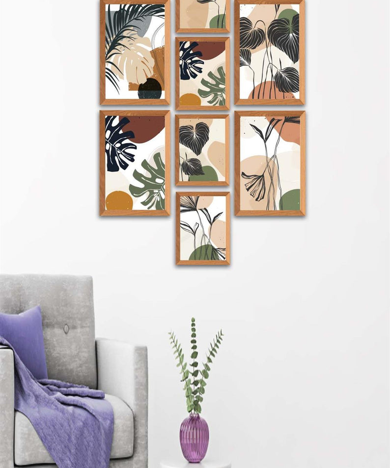 8 Parça Bohem Tarzda Sanatsal Ahşap Çerçeve Görünümlü Uv Baskı Mdf Tablo Seti