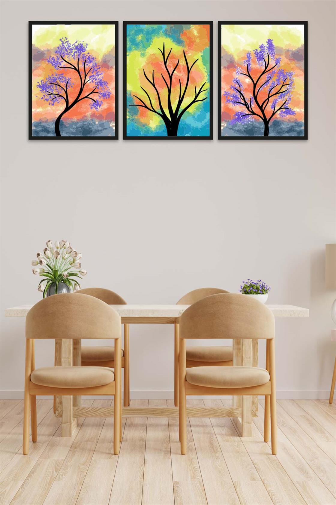 3 Parça Renkli Kuru Ağaç Tarzda Sanatsal Siyah Çerçeve Görünümlü Uv Baskı Mdf Tablo Seti
