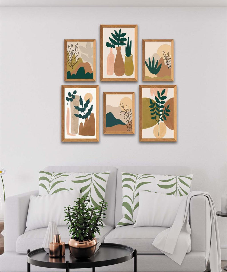 6 Parça Sanatsal Bohem Tarzında (Ahşap çerçeve görünümlü) Uv Baskı Mdf Tablo Seti