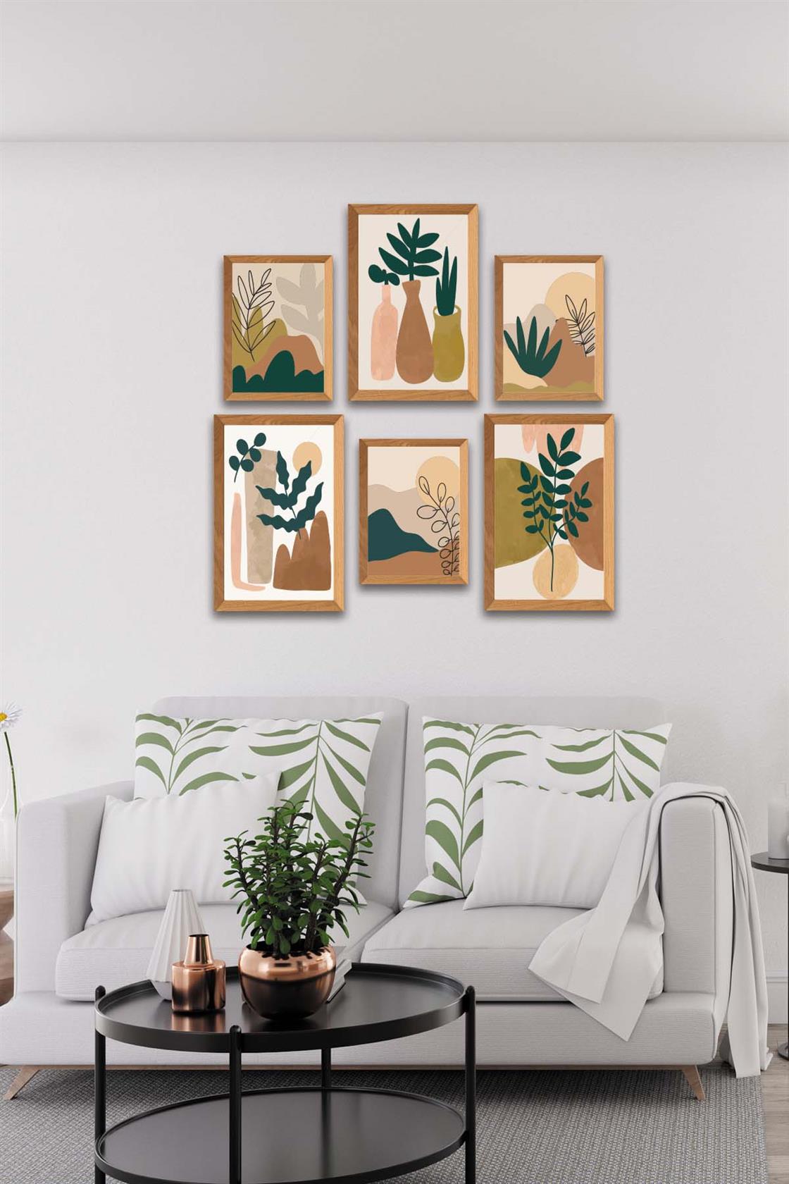 6 Parça Sanatsal Bohem Tarzında (Ahşap çerçeve görünümlü) Uv Baskı Mdf Tablo Seti