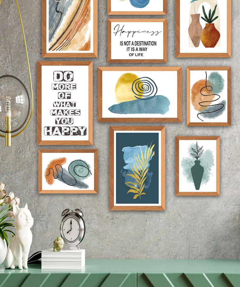 10 Parça Yazı Ve Suluboya Bohem Tarzda (Ahşap Çerçeve Görünümlü) Uv Baskı Tablo Seti