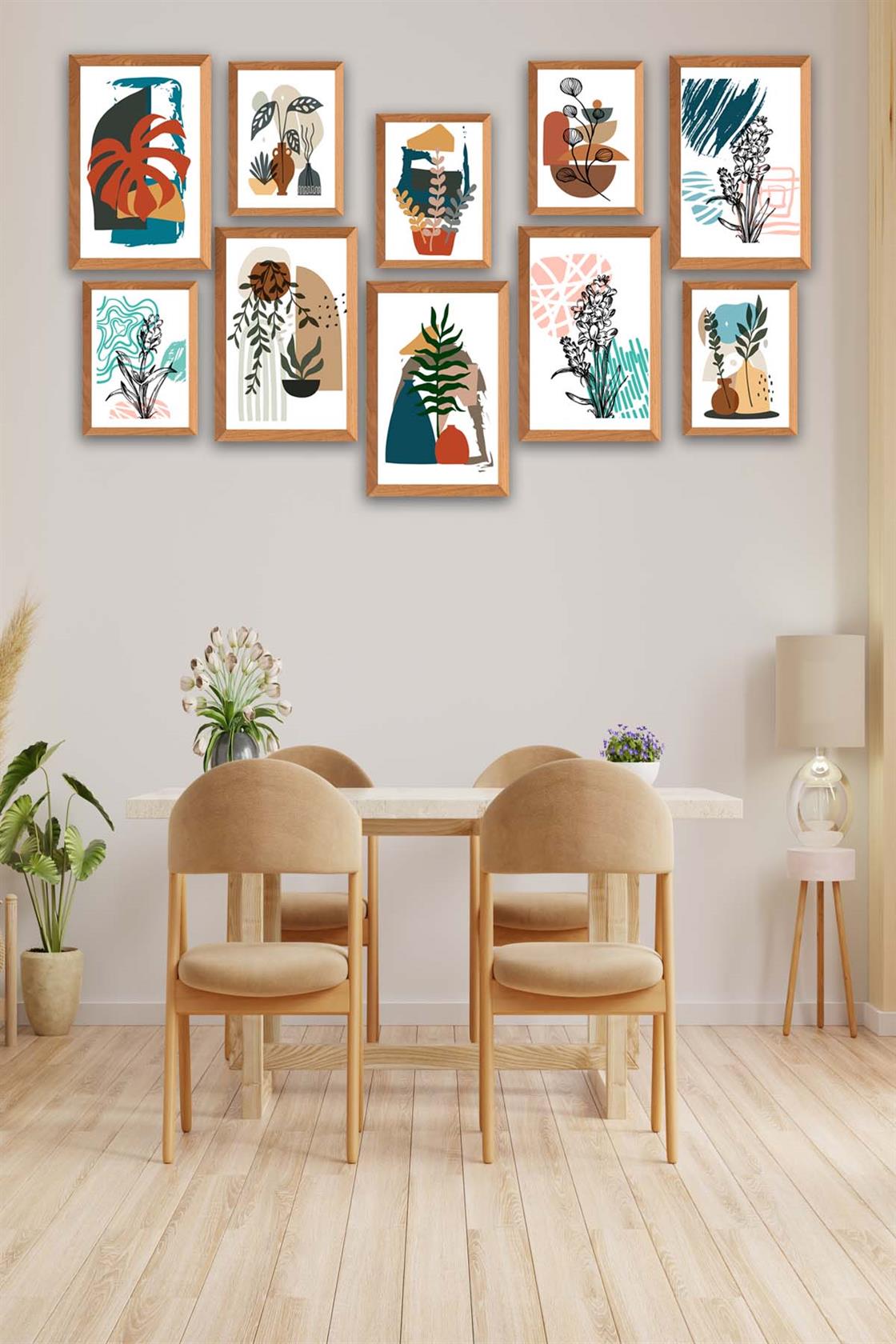 10 Parça Bohem Tarzında Ahşap Çerçeve Görünümlü Uv Baskı Mdf Tablo Seti