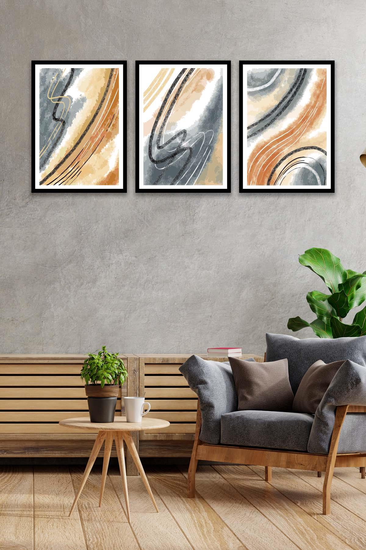 Mermer Deseni Tarzında Siyah Çerçeve Görünümlü Tablo Seti