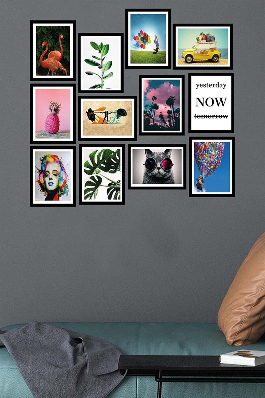 12 Parça Birbirinden Farklı Dijital Baskı Siyah Çerçeve Görünümlü Tablo Seti