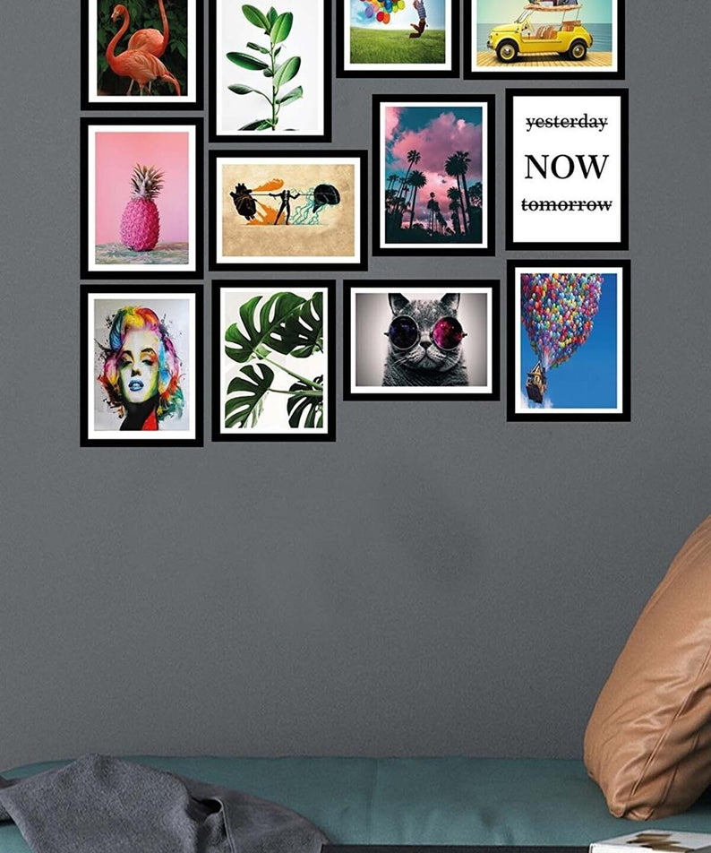 12 Parça Birbirinden Farklı Dijital Baskı Siyah Çerçeve Görünümlü Tablo Seti