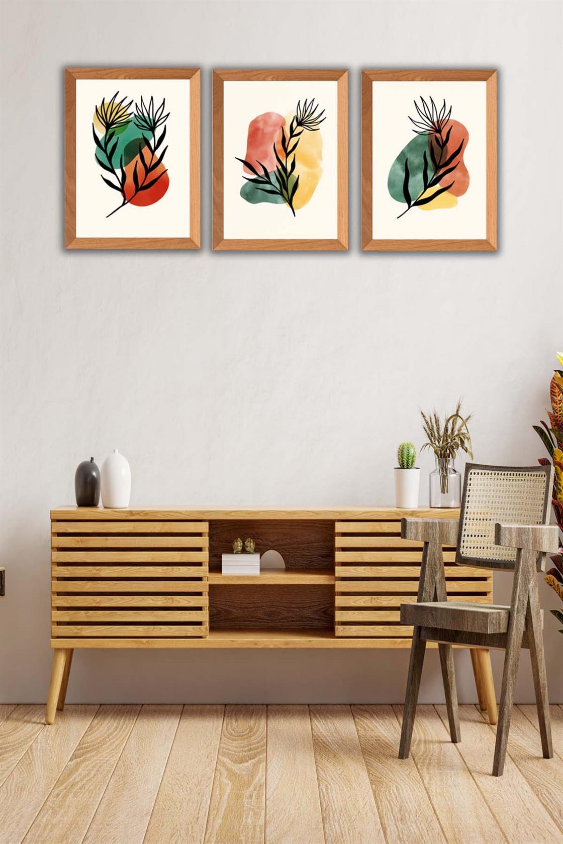 Suluboya Tarzında Ahşap Çerçeve Görünümlü (Uv) Baskı Tablo Seti