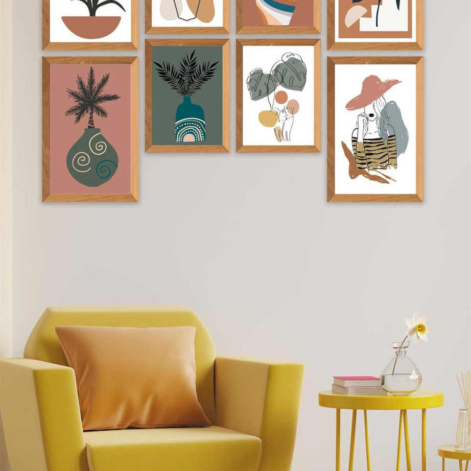 8 Parça Modern Sanatsal Bohem Tarzda (Ahşap çerçeve görünümlü) Uv Baskı Mdf Tablo Seti