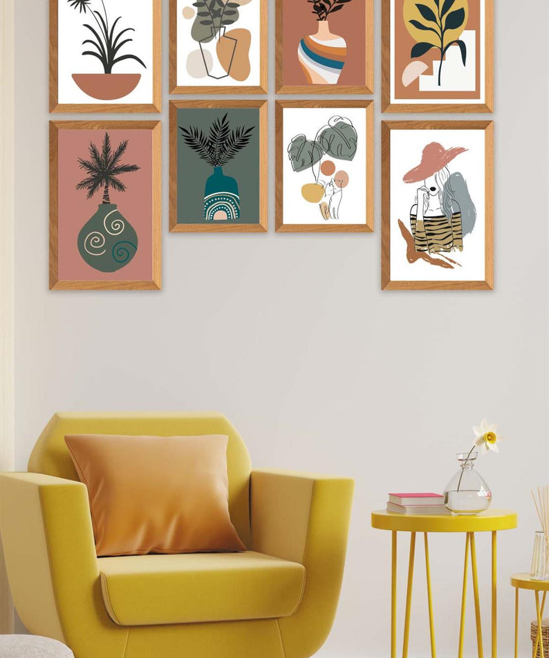 8 Parça Modern Sanatsal Bohem Tarzda (Ahşap çerçeve görünümlü) Uv Baskı Mdf Tablo Seti
