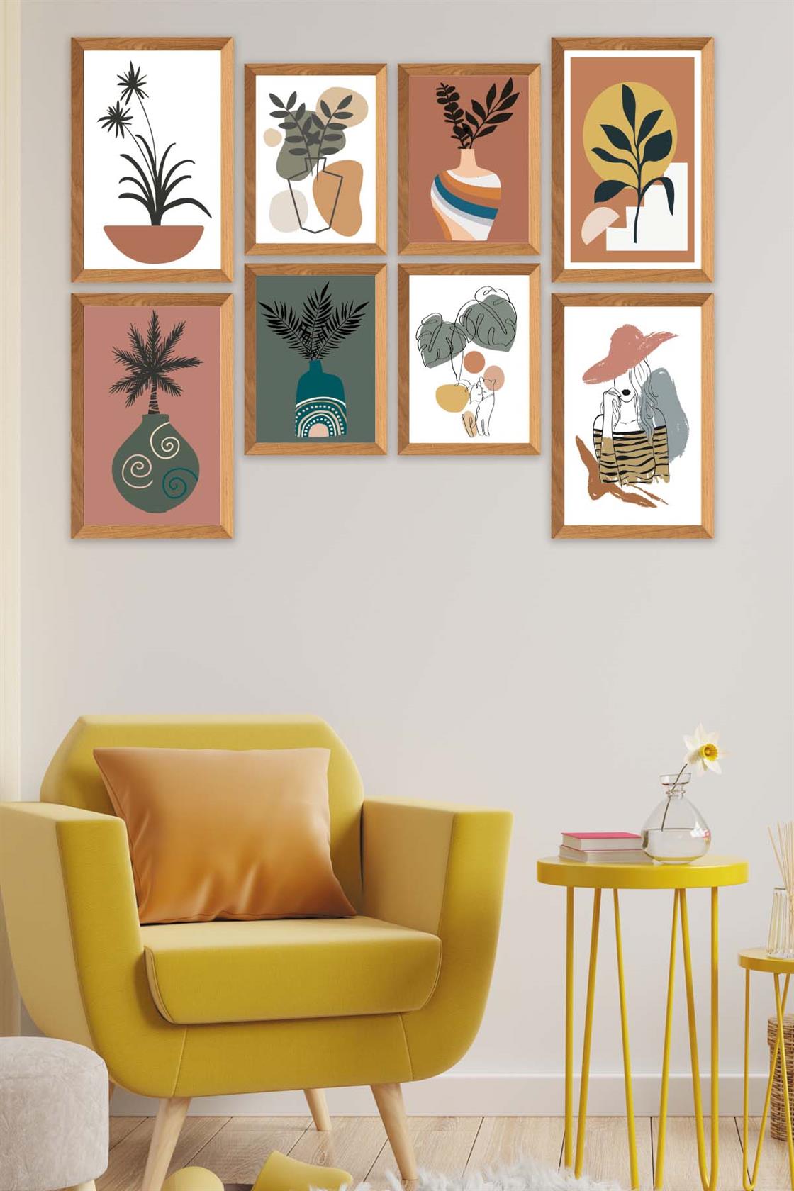 8 Parça Modern Sanatsal Bohem Tarzda (Ahşap çerçeve görünümlü) Uv Baskı Mdf Tablo Seti