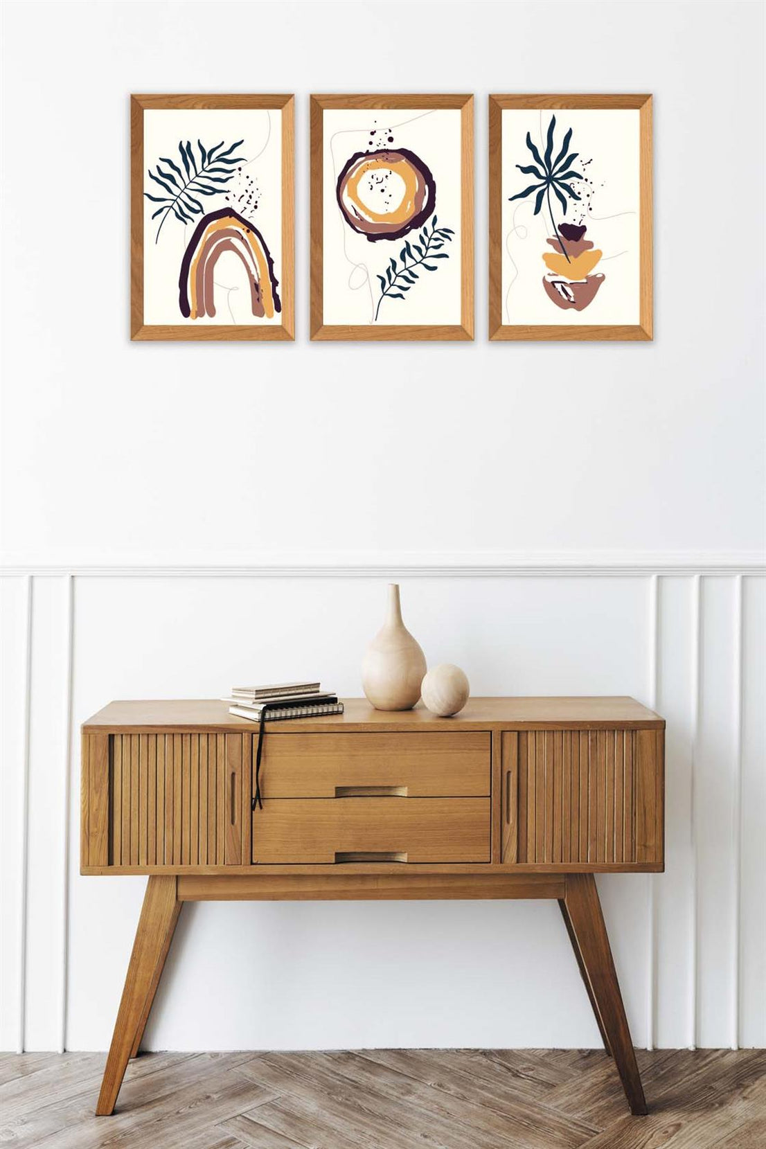 3 Parça Bohem Tarzında Ahşap Çerçeve Görünümlü Dijital Baskı Tablo Seti