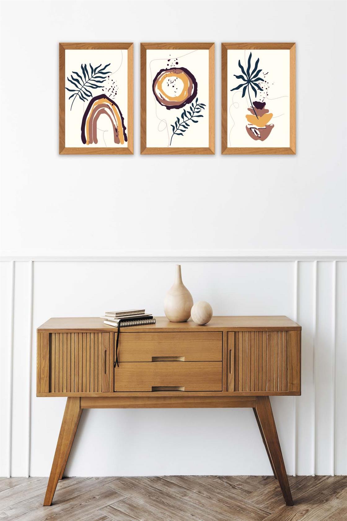 3 Parça Bohem Tarzında Ahşap Çerçeve Görünümlü Dijital Baskı Tablo Seti