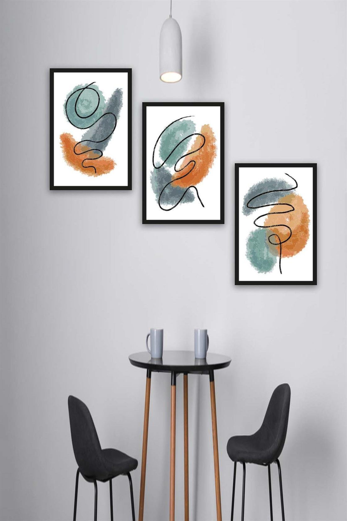 3 Parça Watercolur Tarzda Sanatsal Siyah Çerçeve Görünümlü Uv Baskı Mdf Tablo Seti