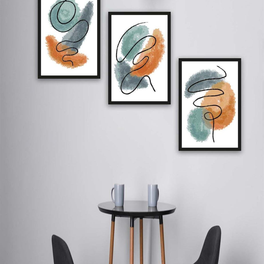 3 Parça Watercolur Tarzda Sanatsal Siyah Çerçeve Görünümlü Uv Baskı Mdf Tablo Seti