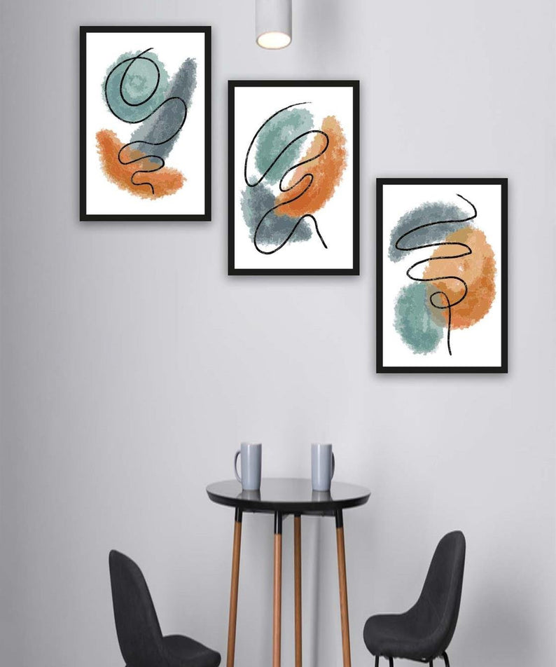 3 Parça Watercolur Tarzda Sanatsal Siyah Çerçeve Görünümlü Uv Baskı Mdf Tablo Seti