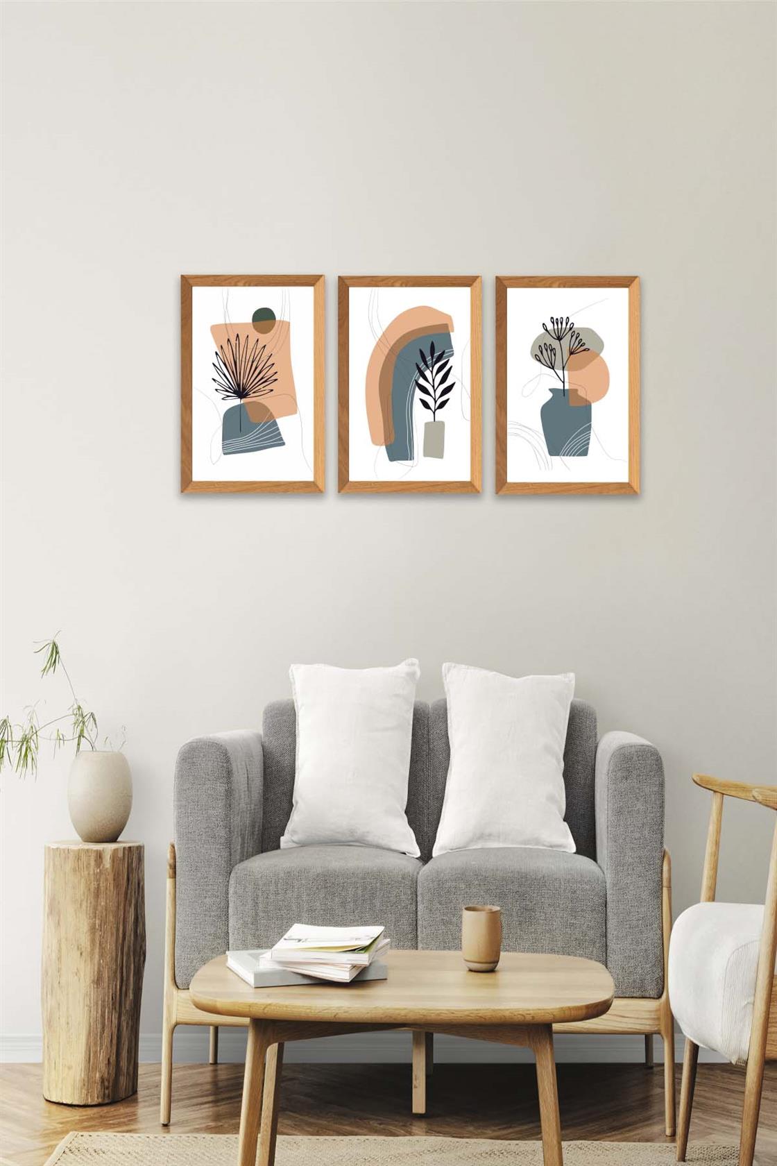 3 Parça Bohem Modern Tarzda (Ahşap Çerçeve Görünümlü) Uv Baskı Tablo Seti