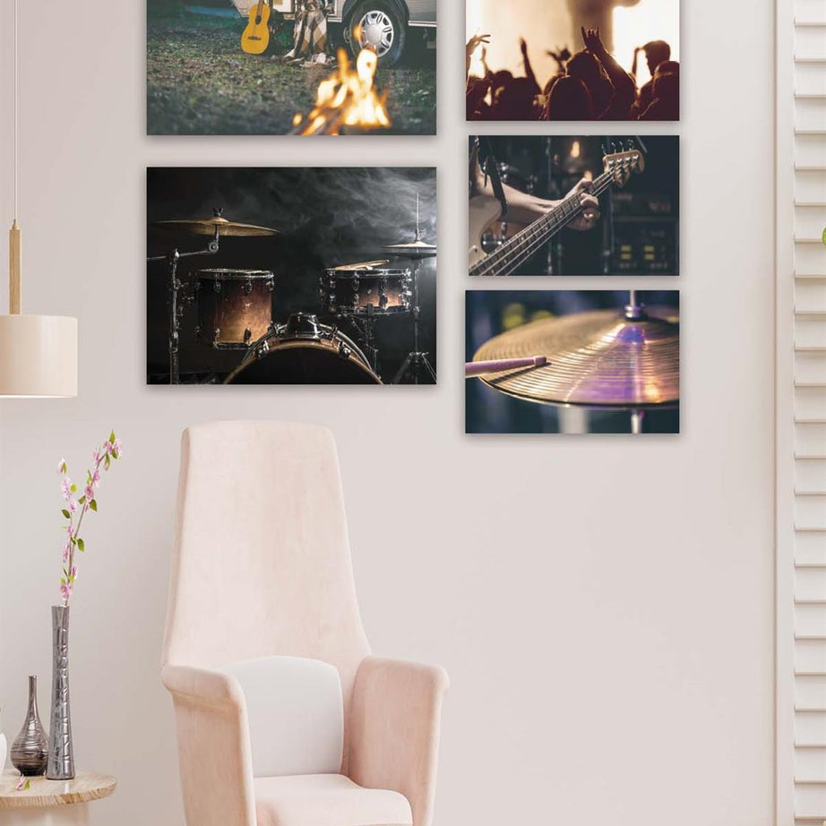6 Parça Müzik Severlere Özel Gitar Ve Bateri Ahşap Mdf Tablo Seti